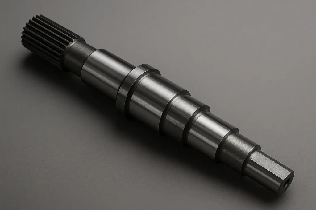 Precision ground hardened steel drive shaft with helical splines and keyway