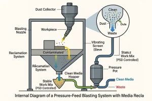 Internal schematic diagram of a pressure-feed blasting system showing media reclamation, dust collection, and flow path.