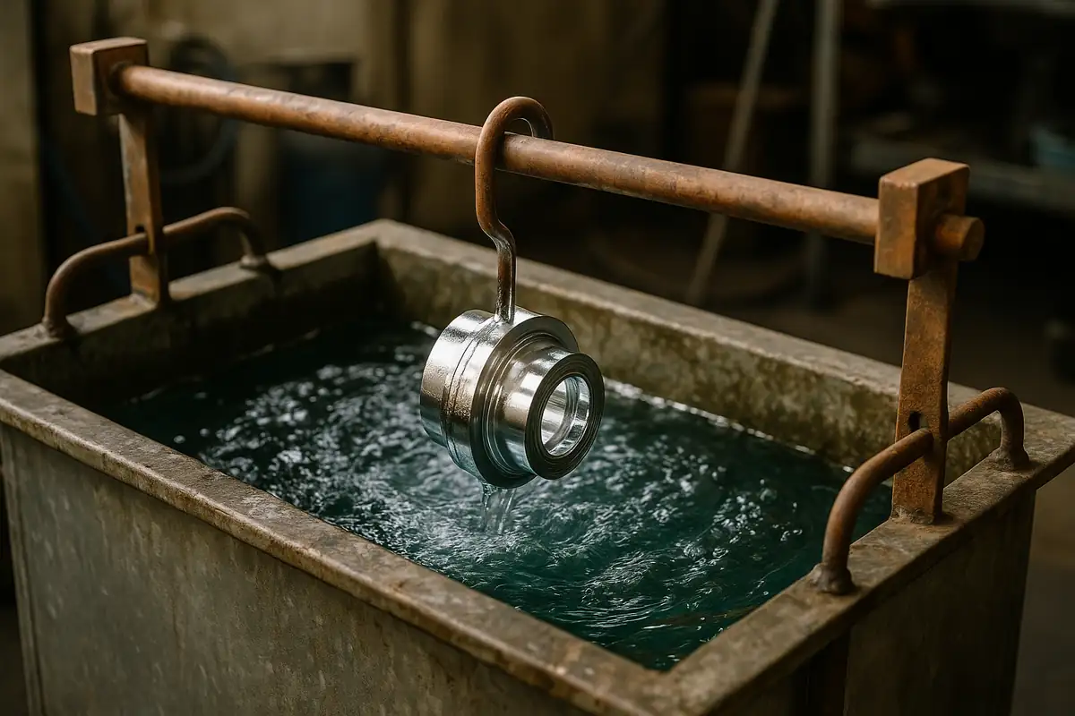 Quenching process showing hot steel part immersed in coolant for rapid cooling