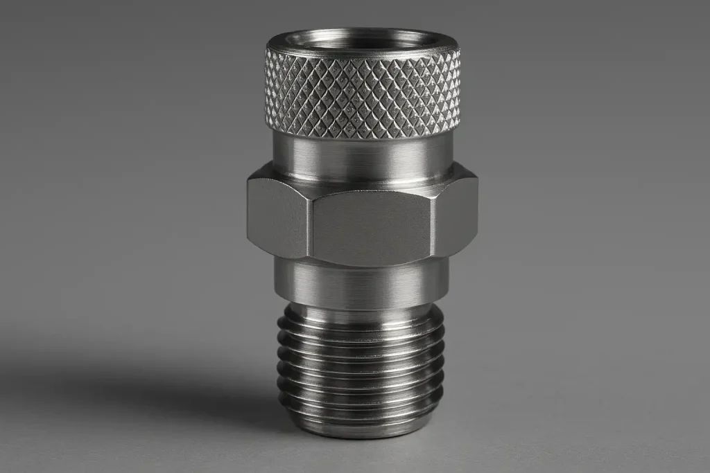 CNC turned stainless steel fluid fitting with diamond knurling and threads