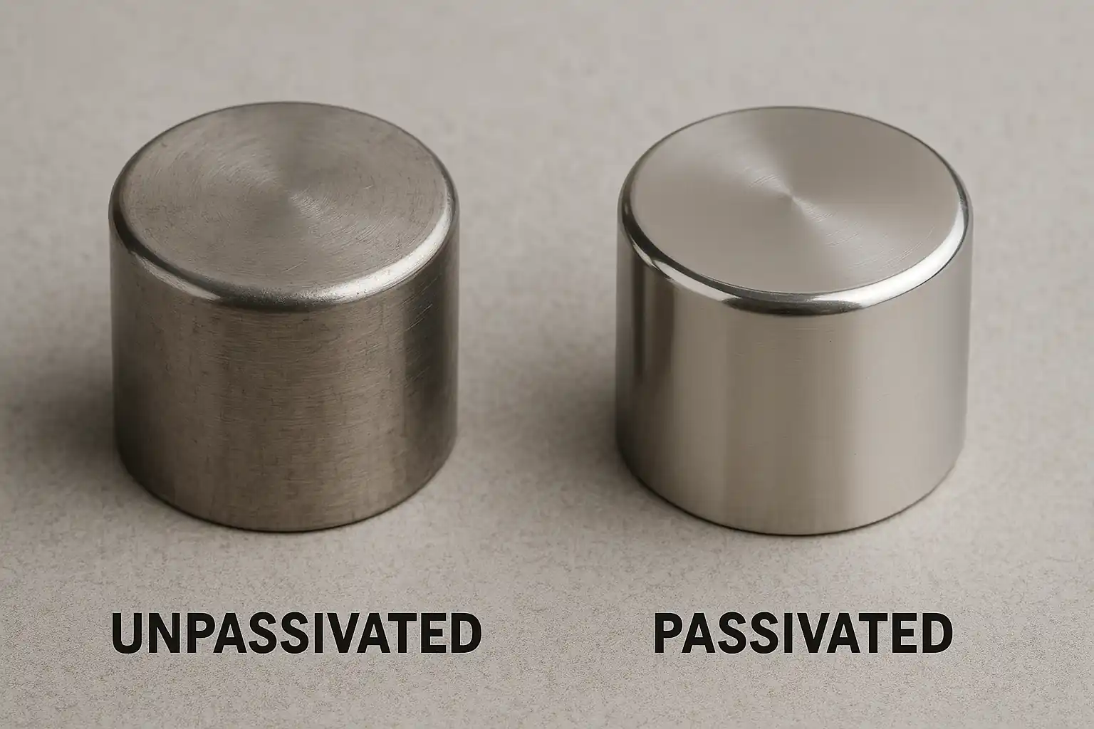 Comparison of unpassivated and passivated stainless steel surfaces showing cleaner, brighter finish after passivation.