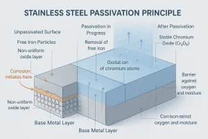 Cross-sectional diagram showing the principle of stainless steel passivation — removal of free iron and formation of a stable chromium oxide (Cr₂O₃) film that prevents corrosion.