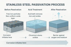 Three-step stainless steel passivation process showing removal of free iron, chromium oxidation, and formation of a protective Cr₂O₃ film.