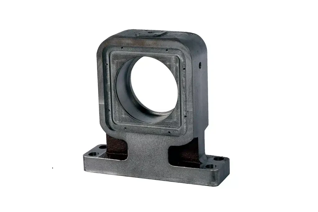Precision steel machined structural support housing with central bore and mounting base