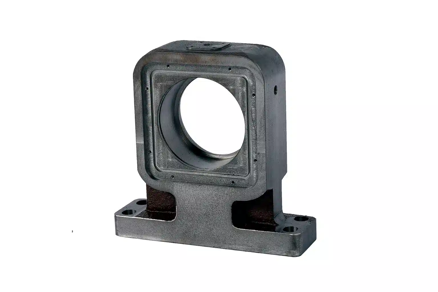Precision steel machined structural support housing with central bore and mounting base