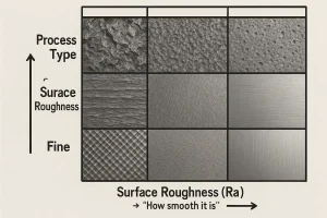 Surface roughness comparison chart showing machining process types versus Ra values from rough to fine finishes.