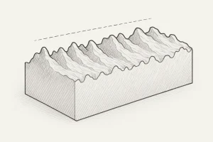 3D technical illustration showing the microscopic surface texture profile used to describe surface roughness in CNC machining.