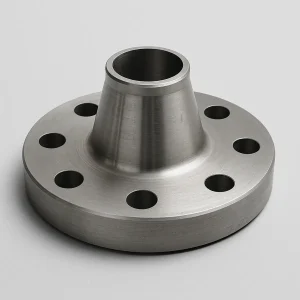 Realistic photo of a weld neck flange showing machined surface and bolt holes on a gray background.