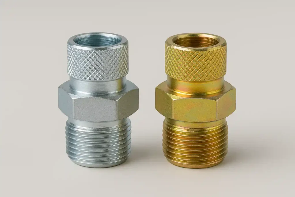 Two steel fluid fittings with clear and yellow zinc plating, emphasizing threading and knurling details.