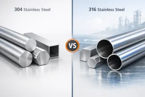 Visual comparison between 304 and 316 stainless steel showing common industrial shapes and applications.