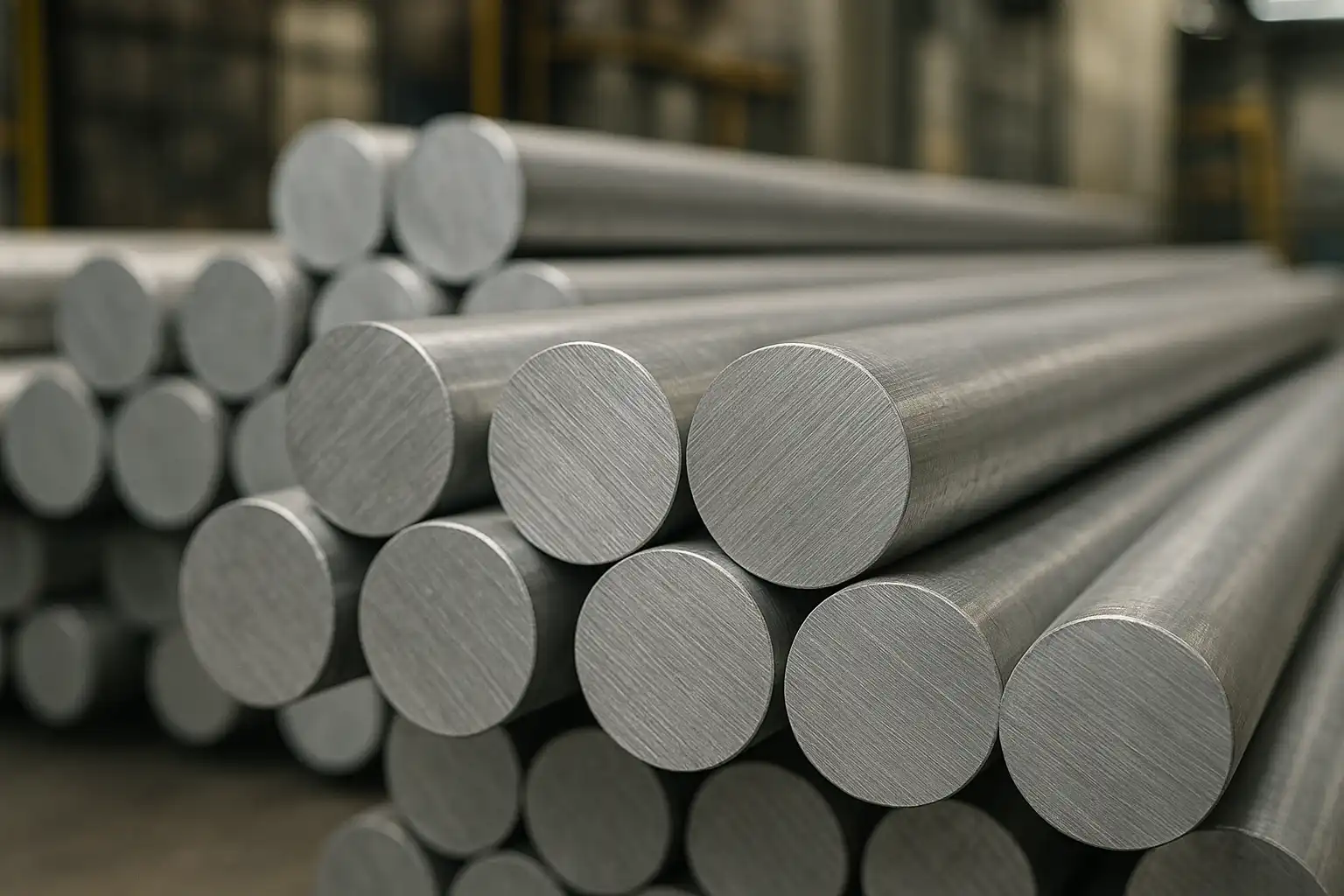 工業用作業場で積み重ねられた6061アルミニウム丸棒のクローズアップ写真