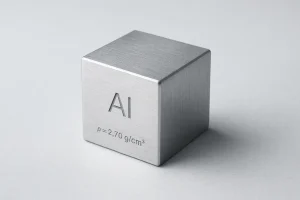 ρ＝2.70g/cm³と記されたアルミニウムの立方体は、材料選択のための基準密度を示す。