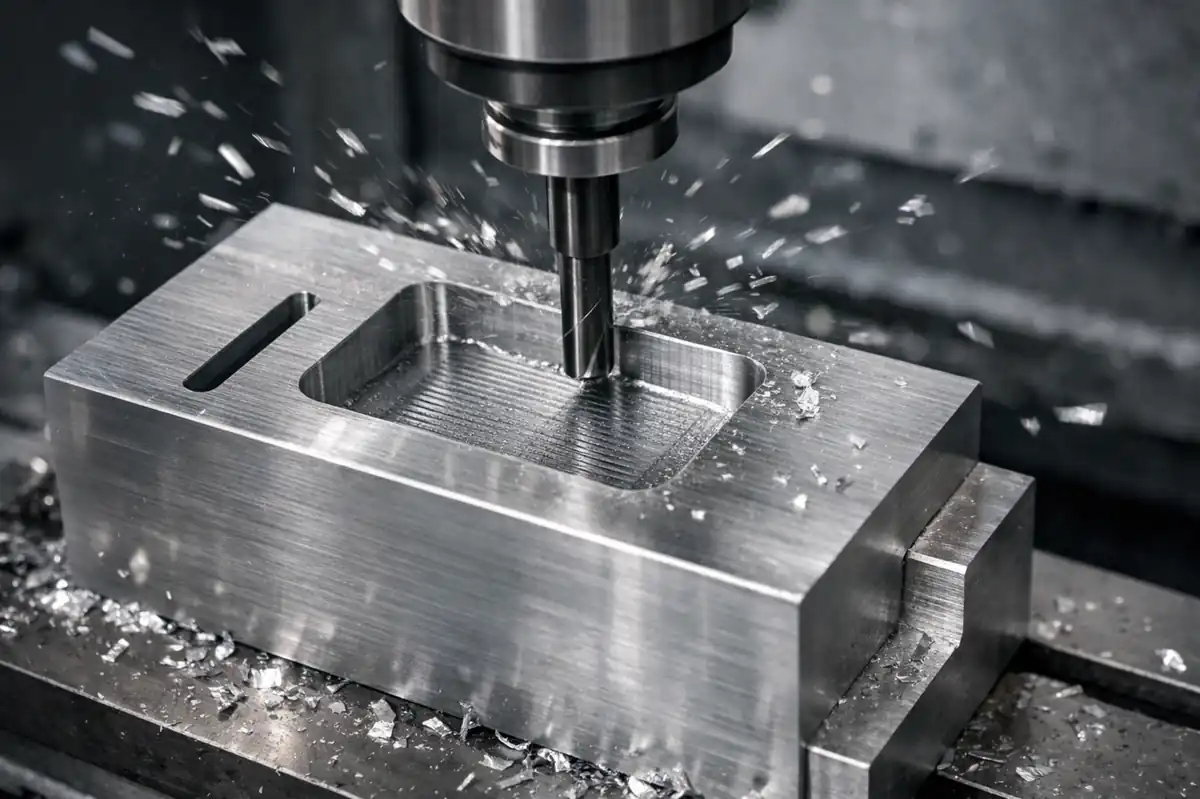 CNC end mill machining an aluminum pocket with slot and step features, chips flying during milling