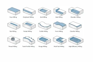 Isometric diagram showing 15 types of CNC milling operations and their typical machined part features