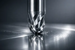 Close-up of CNC finish milling with a ball nose end mill, showing fine spiral tool marks and smooth surface finish on a metal plate.