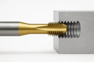 金属ブロックに内ねじを切るタップを示す水平タッピング工程