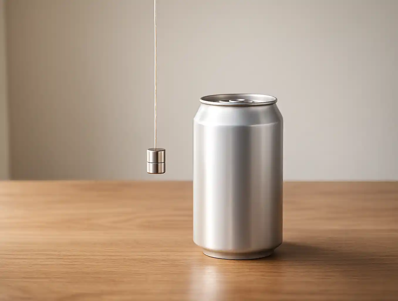 Canette en aluminium avec un aimant suspendu ne montrant aucune attraction, démontrant que l'aluminium n'est pas magnétique dans l'utilisation quotidienne.