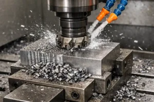 CNC rough milling with an indexable face mill cutting a steel block, showing heavy chips, rough tool marks and coolant spray.