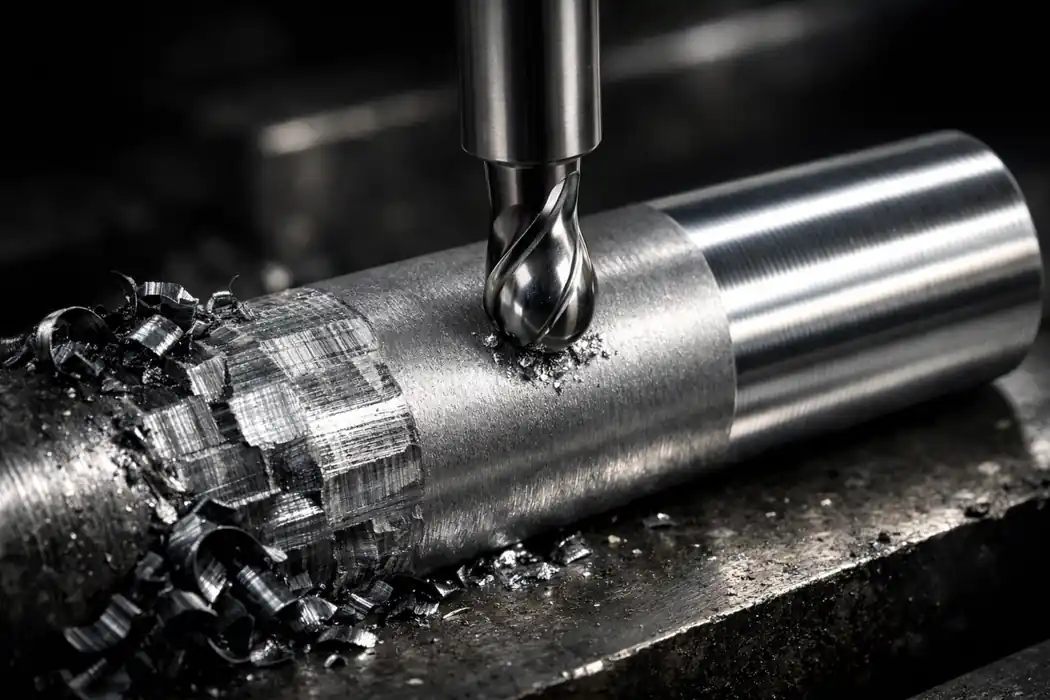 Rough and finish milling on a steel cylinder, showing rough tool marks on one side and a smooth finished surface under a ball nose end mill.