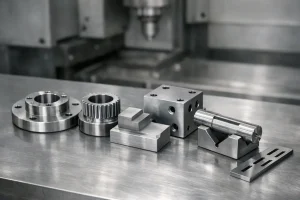 CNC machined metal parts with typical side-milled features, including a flange, gear hub, blocks, shaft, and slotted plate.