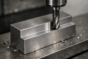 CNC side milling finish pass on a stepped shoulder block with a solid end mill