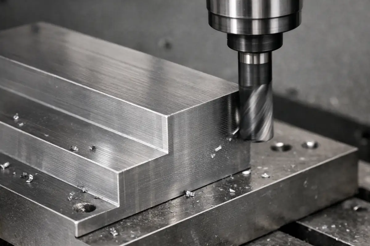 CNC side milling process on a stepped metal block, end mill cutting the vertical wall