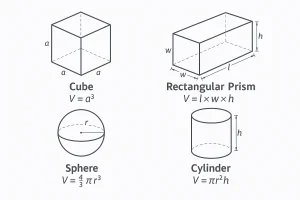 立方体、直方体、球体、円柱の体積計算式。