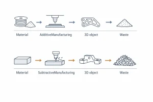 Process flow diagram comparing additive and subtractive manufacturing, from material to 3D object and waste.