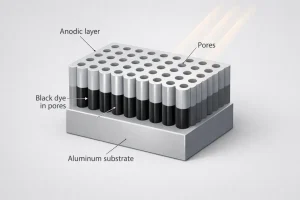3D cutaway of black anodized aluminum showing black dye in the pores of the anodic layer above the aluminum substrate