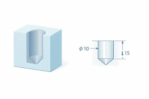 Blind hole with conical bottom showing diameter 10 mm and depth 15 mm