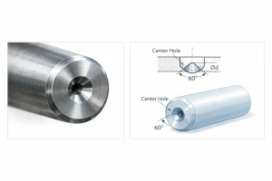 Center hole at the end of a machined shaft with 60 degree cone profile and detail drawing