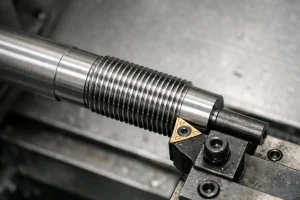 CNC thread turning on a steel shaft, carbide insert cutting external threads