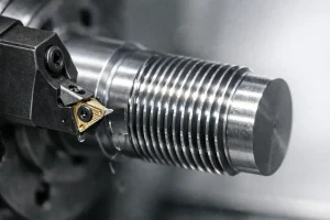 CNC thread turning process showing a cutting tool forming an external thread on a metal shaft