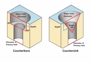 Diagram comparing counterbore and countersink hole geometry, showing flat-bottom counterbore and conical countersink with major diameter, depth and angle.