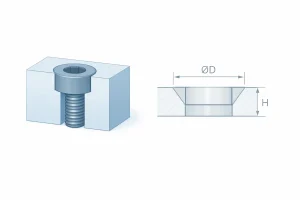 Counterbored hole for a socket head cap screw with 3D view and section showing diameter ØD and depth H.