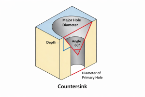 3D diagram of a countersink showing major hole diameter, depth and countersink angle