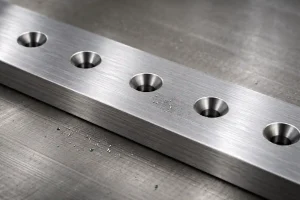 Row of machined countersink holes on a brushed metal strip