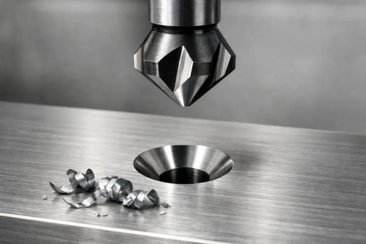 Countersink tool above a machined countersunk hole with metal chips on a brushed metal plate