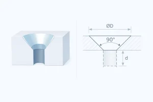 90-degree countersunk hole with 3D cutaway view and section drawing showing diameter ØD and depth d.