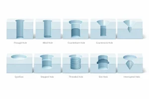 Overview of ten common hole types: through, blind, counterbore, countersink, spotface, stepped, threaded, slot, interrupted, and center holes.