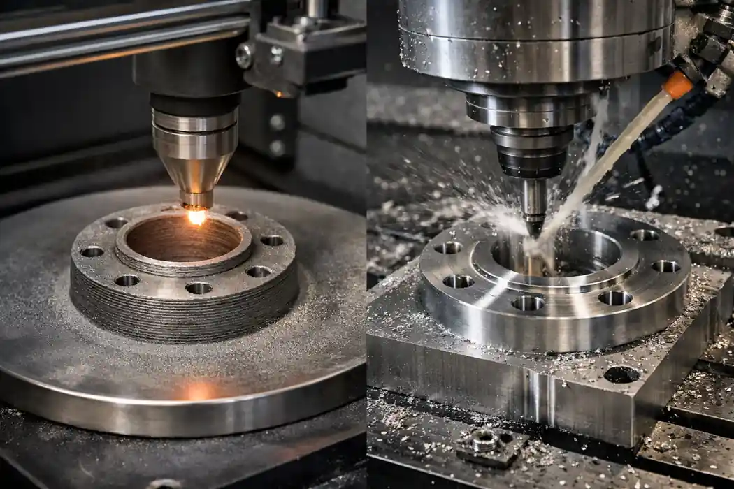 Metal additive manufacturing vs subtractive CNC machining on the same ring-shaped flange