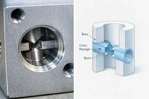 Interrupted hole in a hydraulic manifold showing a machined bore with a cross passage and remaining burrs in a 3D cutaway view.