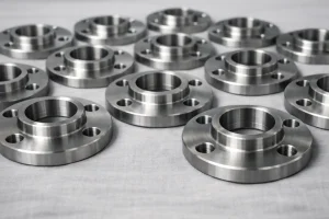 low volume CNC machined flange parts arranged in rows on a light gray surface