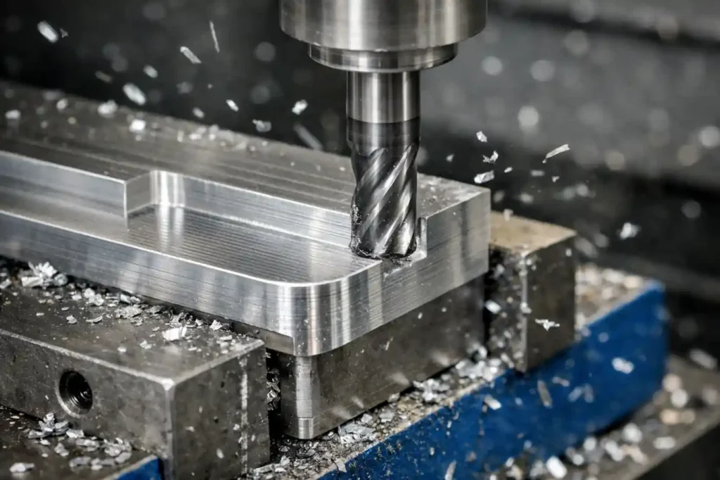 Close-up of low-volume CNC milling, end mill finishing an aluminum part with flying chips