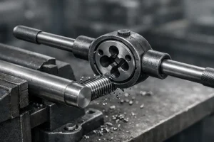 Manual die threading tool cutting an external thread on a steel round bar, with fresh threads and metal chips visible.