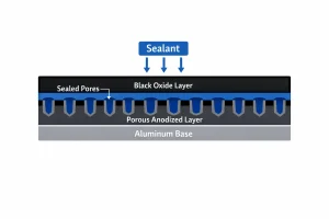 Sealing treatment of black anodized aluminum showing sealed pores in the anodic layer