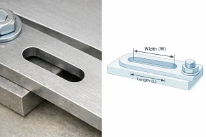 Slotted hole in a steel clamping plate on the left and a 3D diagram of the slot with width W and length L marked on the right.