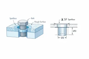 Spotface machining example showing a bolt seated on a machined flat around a through hole in a rough casting, with a section view and SF spotface symbol with diameters marked.