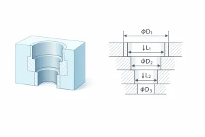 Stepped hole with three different bore diameters D1, D2, D3 and corresponding lengths L1 and L2 shown in a 3D section view and a dimensioned cross section.