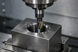 Thread milling cutter machining an internal thread in a steel block on a vertical CNC